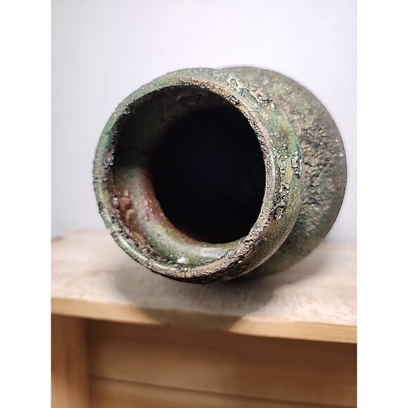 Janka Raku Pottery Vase Vessel Green Rust Orange 7" Handmade Wheel Thrown - Picture 9 of 9